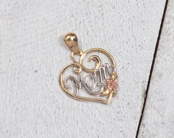 10k Gold Mom with Flower in Heart Pendant