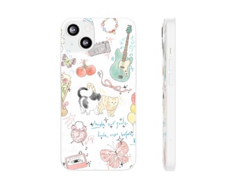 May include: White iPhone case with a colorful illustration of cats, a guitar, a butterfly, a camera, cherries, a clock, a cassette tape, and balloons. The text "Maybe our souls have met before" is written in cursive.