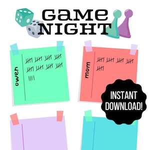 Puede incluir: Una tarjeta de puntuación imprimible para una noche de juegos con fondo verde, rosa, morado y azul. La tarjeta de puntuación tiene las palabras "Game Night" en la parte superior y las palabras "Descarga instantánea!" en un círculo negro. La tarjeta de puntuación tiene cuatro secciones para llevar la puntuación, etiquetadas como "owen", "mom", "winner" y una sección en blanco.
