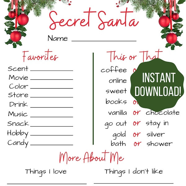 Secret Santa Questionnaire / Secret Santa Form / Christmas Printable