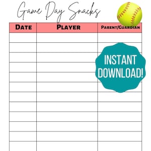 Softball Game Day Snacks Printable/Snack Sign up