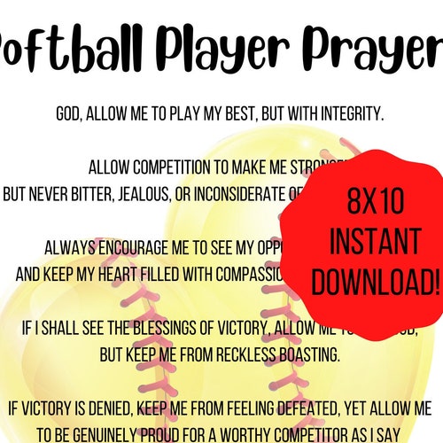 8x10 Softball Player Prayer Printable Etsy