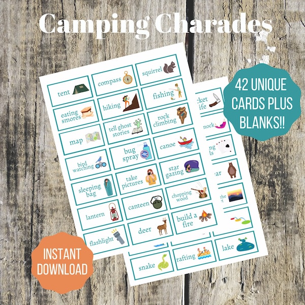 Camping Charades / camping games / camping activity / charades / camping printable
