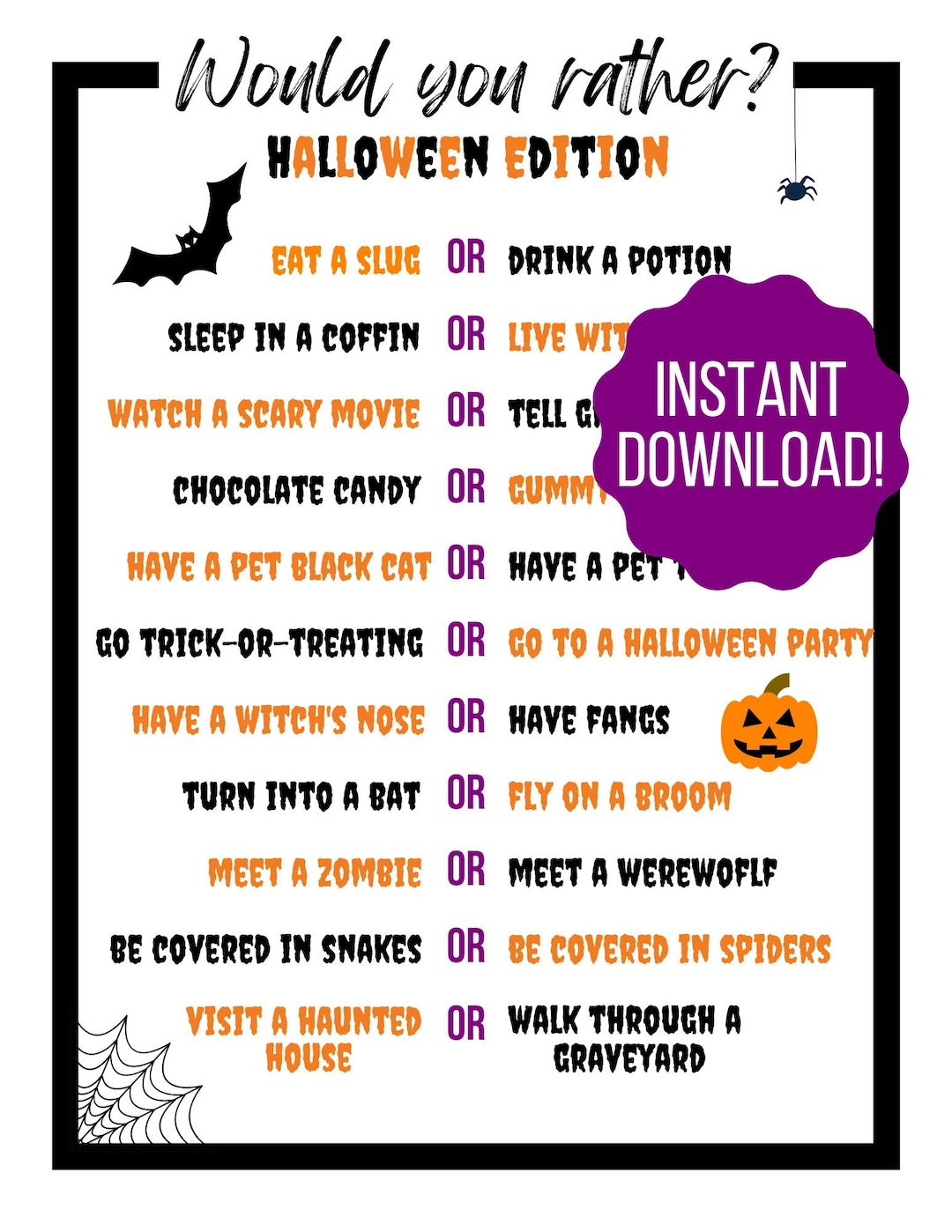 Halloween Would You Rather Party Game Halloween Party Etsy