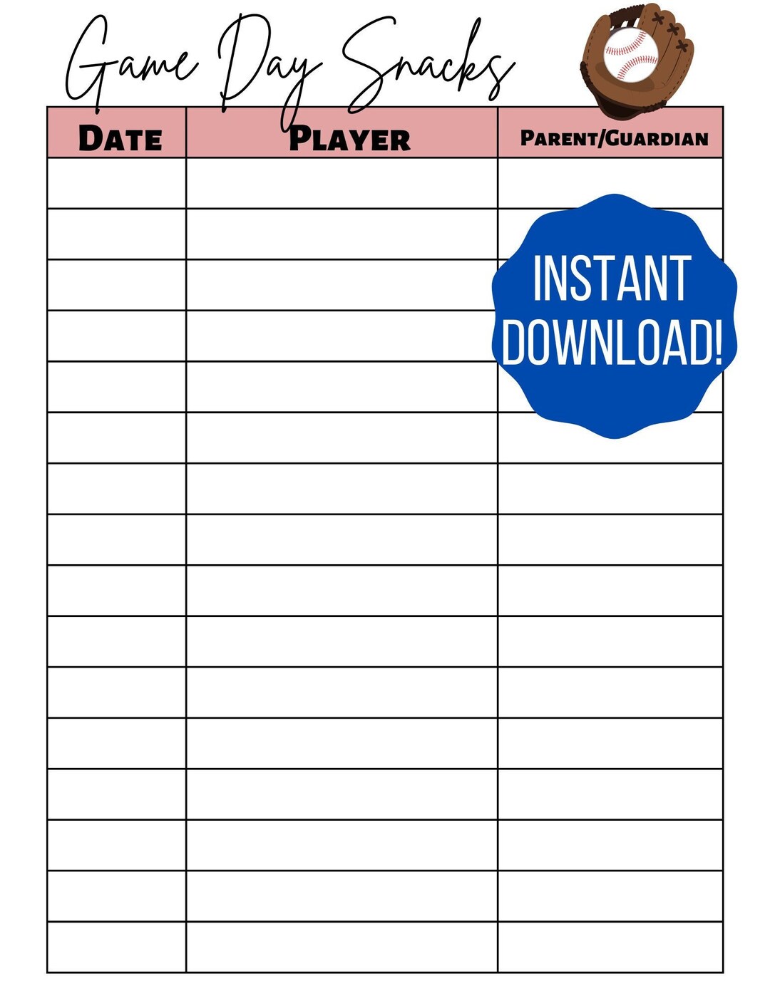 Baseball Snack Sign Ups /baseball Printable /coach Printable Etsy