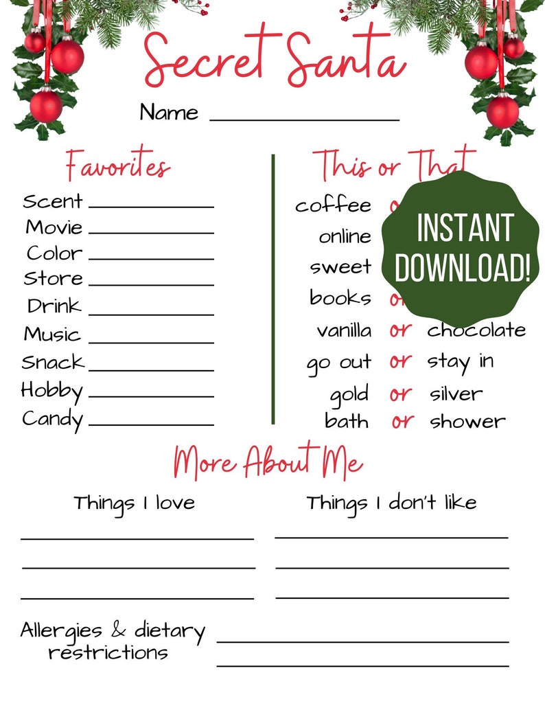Secret Santa Questionnaire / Secret Santa Form / Christmas Printable image 1