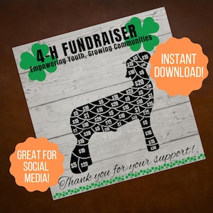 May include: A fundraising graphic with a sheep silhouette, featuring dollar amounts. The text reads "4-H FUNDRAISER" and "Empowering Youth, Growing Communities." Includes "INSTANT DOWNLOAD!" and "GREAT FOR SOCIAL MEDIA!" in orange shapes. The bottom reads "Thank you for your support!"