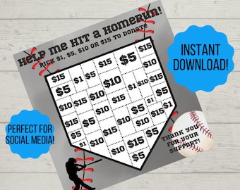 Puede incluir: Una tarjeta de juego de recaudación de fondos con temática de béisbol con un fondo gris y costuras rojas. La tarjeta presenta una forma de diamante de béisbol con cuadrados que contienen cantidades en dólares: $1, $5, $10 y $15. El texto "¡Ayúdame a conectar un jonrón!" está en la parte superior de la tarjeta. El texto "¡Perfecto para las redes sociales!" está en un círculo azul en la parte inferior izquierda de la tarjeta. El texto "¡Descarga instantánea!" está en un círculo azul en la parte superior derecha de la tarjeta. El texto "¡Gracias por su apoyo!" está en un círculo blanco con una pelota de béisbol roja en la parte inferior derecha de la tarjeta.