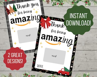 May include: Two printable gift card designs featuring a black and white plaid background with a Christmas tree and the text "Thank you for being amazing" and a black background with a red bow and the text "Thank you for being amazing". Both designs include a space for a gift card and the text "enjoy!"