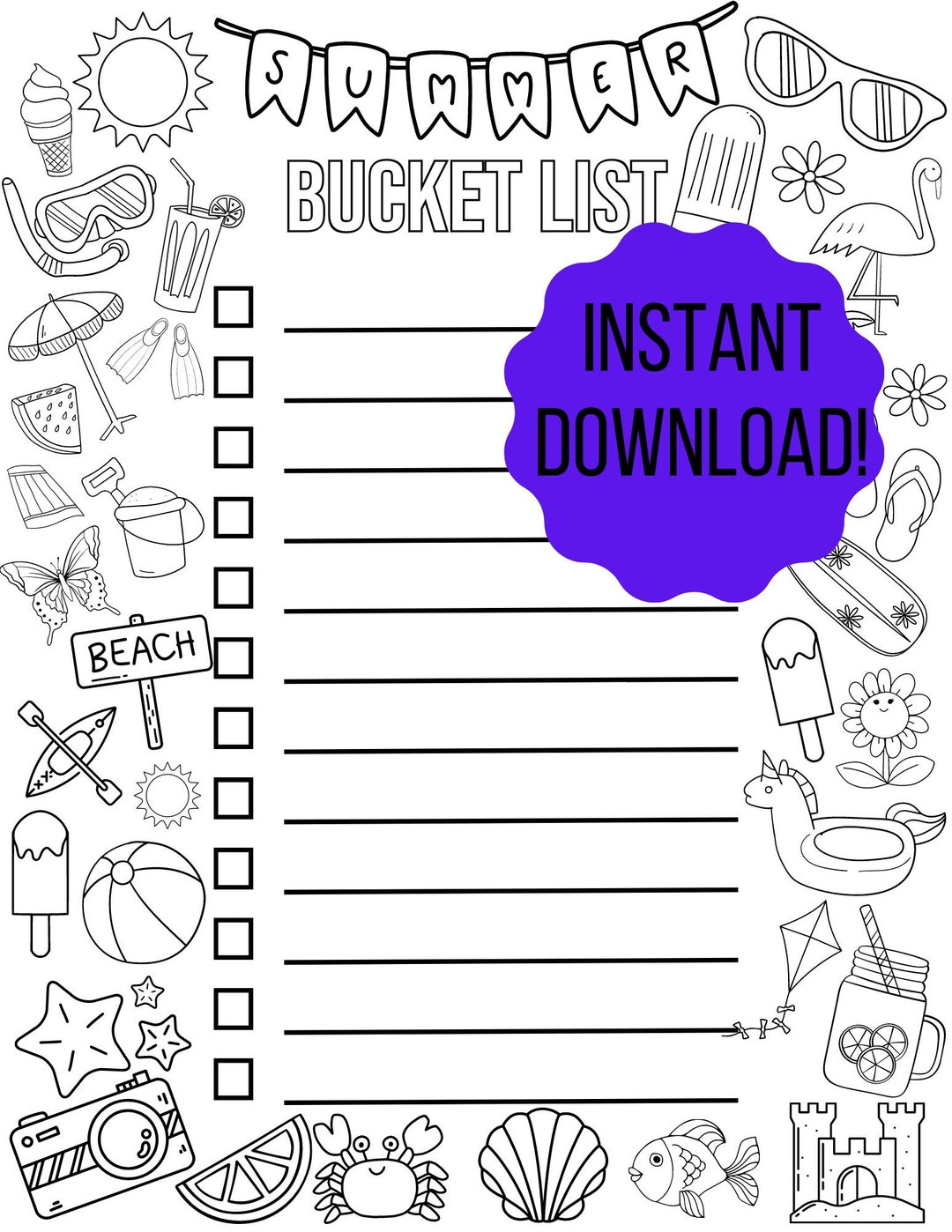 Summer Bucket List for Kids / Summer Bucket List Coloring Page Etsy