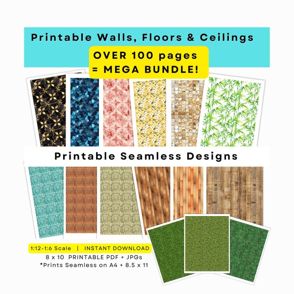 Dollhouse Printable Wallpaper Scale 1.6 1.12 Walls Floors Ceiling Tiles Diorama Digital Download PDF JPG 8x10 Seamless Digital Paper Bundle