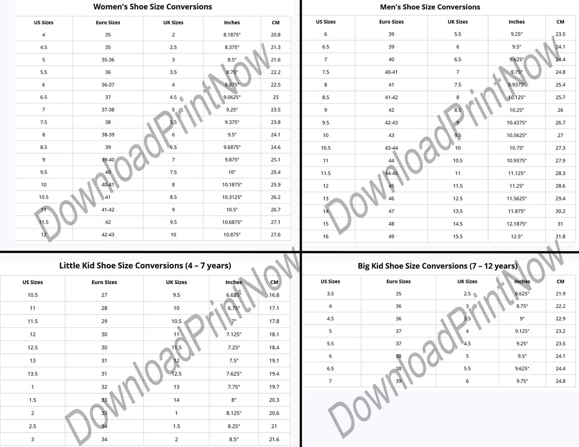 Reseller Shoe Size Conversion Chart Women's Men's Etsy Canada