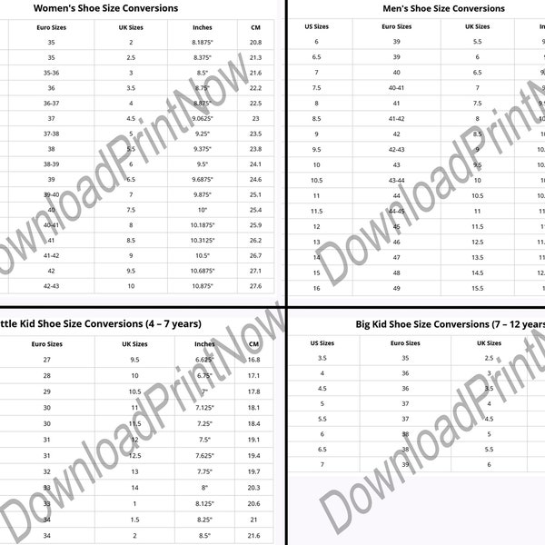 Kids Shoes Size Conversion Chart Etsy