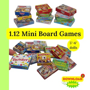 Mini Brettspiele Printables Puppenhaus Miniatur Vorlage 1.12 für 13 bis 15 cm Puppen Digitaler Download PDF Papier Handwerk Printies
