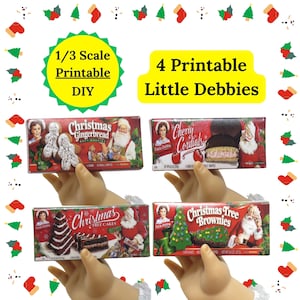 4 Miniaturowe świąteczne pakiety do druku Little Debbies 1/3 skala Pudełka DIY Świąteczne rzemiosło dla dzieci Cyfrowe pobieranie Lalka American Girl 18 cali