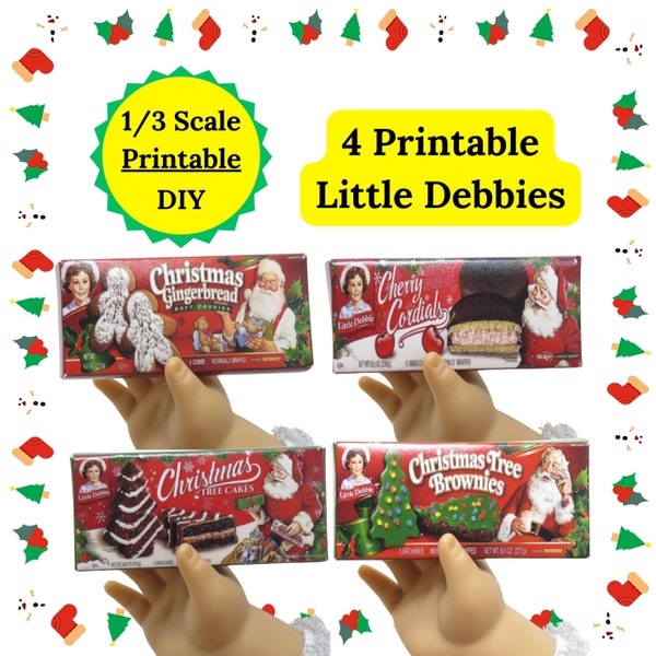 4 Miniature Christmas Printable Packages Little Debbies 1/3 scale Boxes DIY Holiday Kids Crafts Digital Download American Girl Doll I8 inch