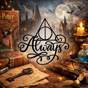 Può includere: Un cartello decorativo in metallo nero con la parola "Always" in elegante corsivo, sullo sfondo di un castello, libri e una luna piena. Il cartello presenta il simbolo dei Doni della Morte, evocando un tema magico.
