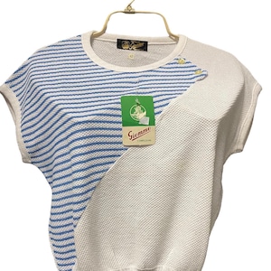 Giemme vintage 70s white cotton sweater with deadstock blue stripes Made in Italy