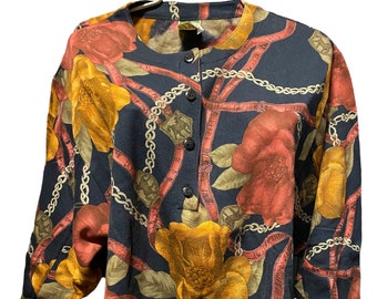 Sweat-shirt bleu vintage des années 80 avec des fleurs, des chaînes et des chevaux