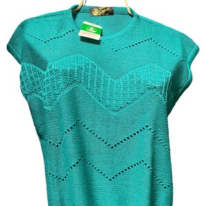 Vintage 70s Giemme emerald green perforated zigzag sweater in deadstock cotton Made in Italy