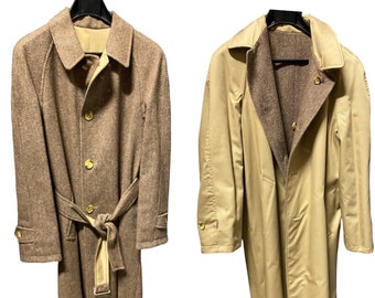70s vintage trench coat beige camel/double-face/tweed/coat/jacket/by Elios/belt/deadstock/wool/mohair/reversible raincoat/Made in Italy