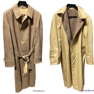 70s vintage trench coat beige camel/double-face/tweed/coat/jacket/by Elios/belt/deadstock/wool/mohair/reversible raincoat/Made in Italy