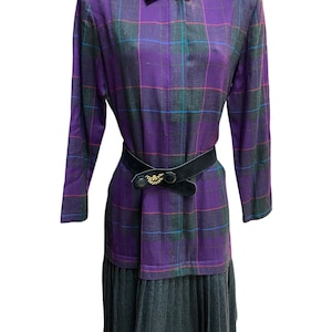 Vintage 80s grey and purple velvet belt / tartan / pleated skirt / wool dress gray and purple tartan wool belt 80s Made in Italy / deadstock