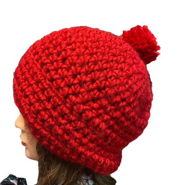 Cappello di Lana, Cappello Invernale, berretto di Lana, berretto Uncinetto, Pezzo Unico, Fatto a Mano in Italia, rosso Pompon Lana Merino