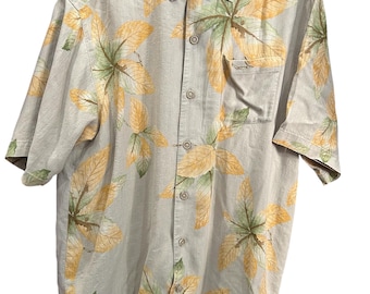 Vintage Tommy Bahama Hawaiian-overhemd uit de jaren 90 in beige met zijden bladeren - maat medium