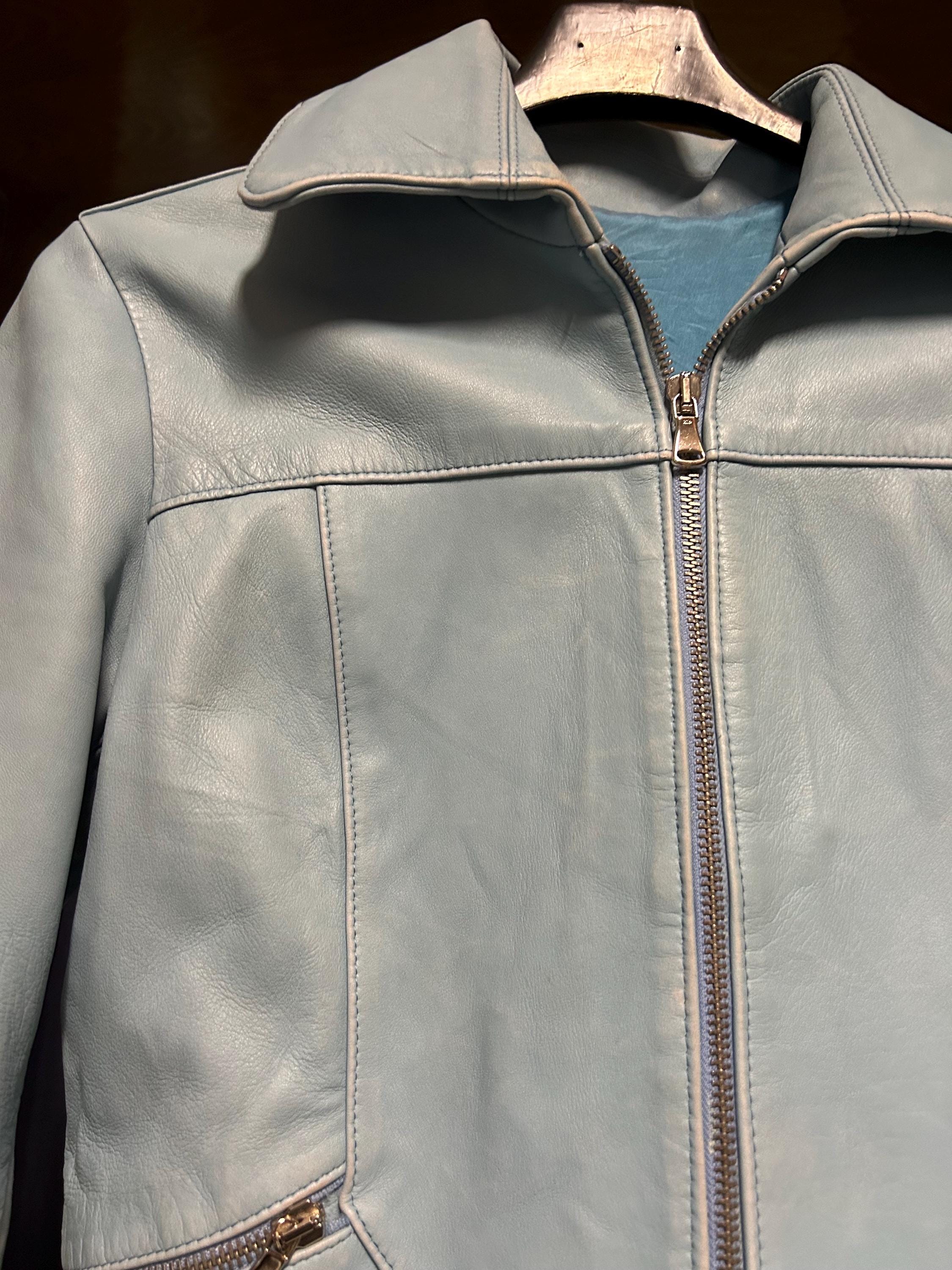 70s Vintage Leather Blue Jacket Zip/biker/jacket/ /70s Blue