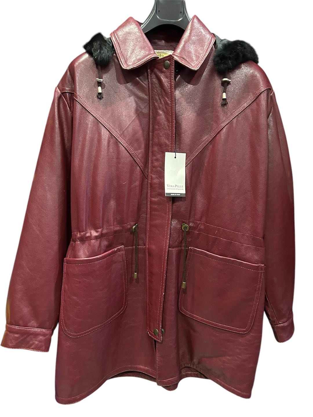 Burgundy Leather Jacket With Hood and Black With Oversized Fur