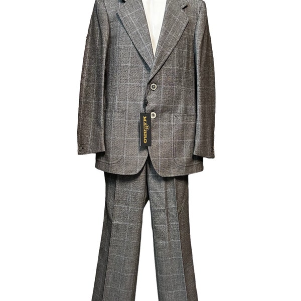 costume homme vintage des années 70 gris/bleu/tartan/Made in Italy par Mabro /Pure laine/ veste/pantalon évasé