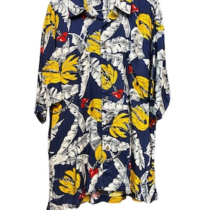 Vintage 90&#39;s Blue Yellow Banana Hawaiian Shirt Short Sleeve - Size XL