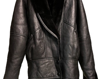 80s Vintage Black Bomber Jacket in Genuine Leather Shearling Original Espanol Women&#39;s Fur Vintage 80s