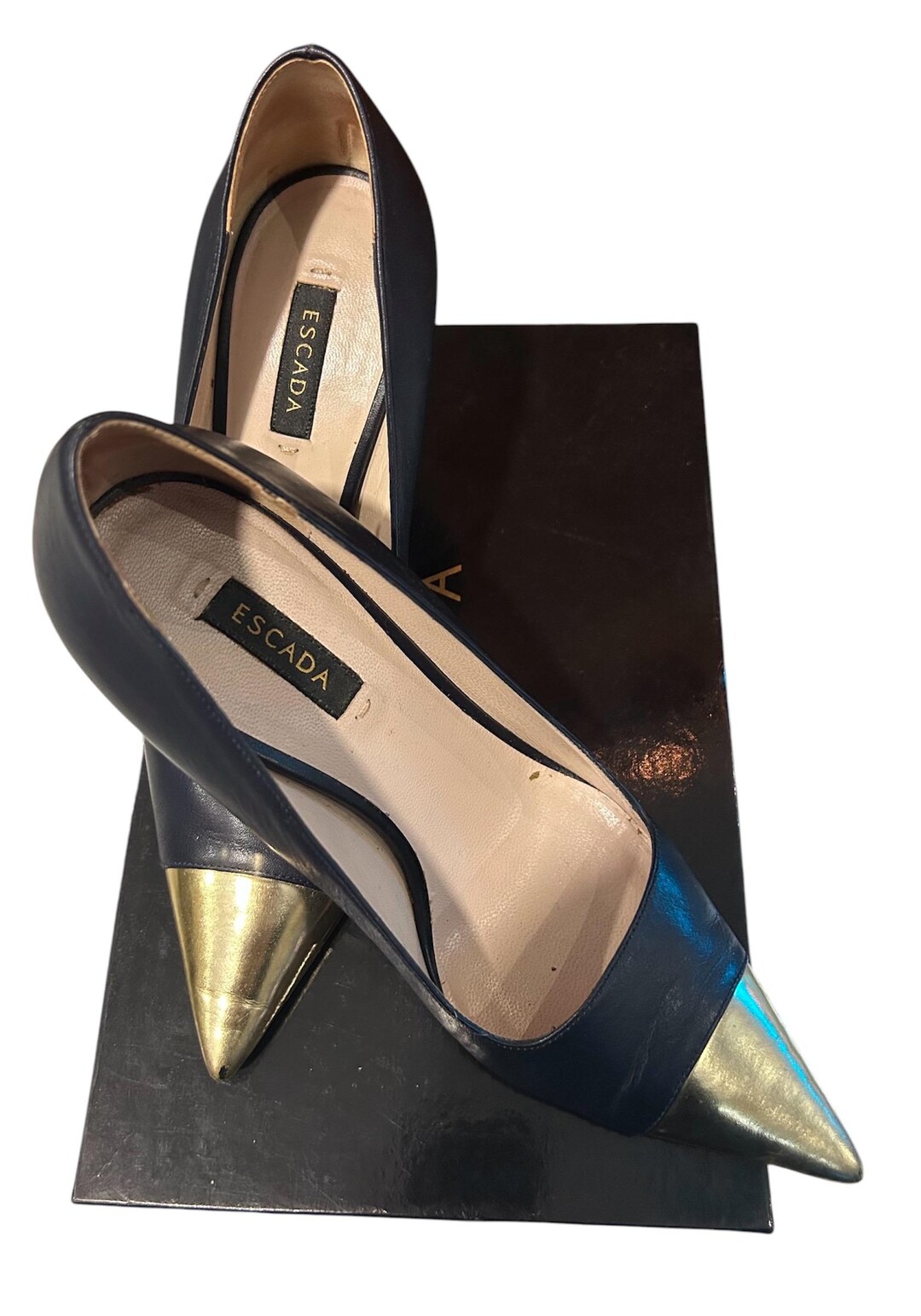Escada Blue Gold Toe Heel Pumps Size 37, Vintage Leather