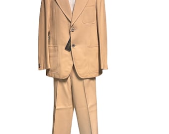 Vintage 70s deadstock men suit beige camel/Made in Italy by Mabro/Pure wool/Slim jacket/Flared pants