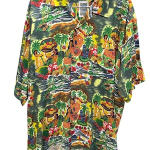 Hawaii Ocean Corrent Vintage Green Hawaiian Shirt with Typical 90s Pattern, Short Sleeves - Size L