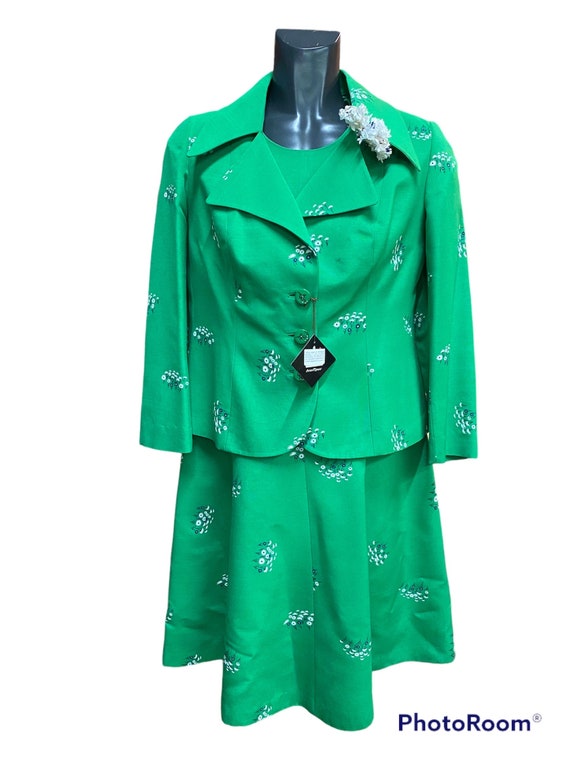 70s Jacket and dress green flower suit/Made in Ita