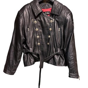 80s vintage leather black red jacket/biker/jacket/belt/golden lion buttons/black leather jacket with red interior 80s/made in Italy