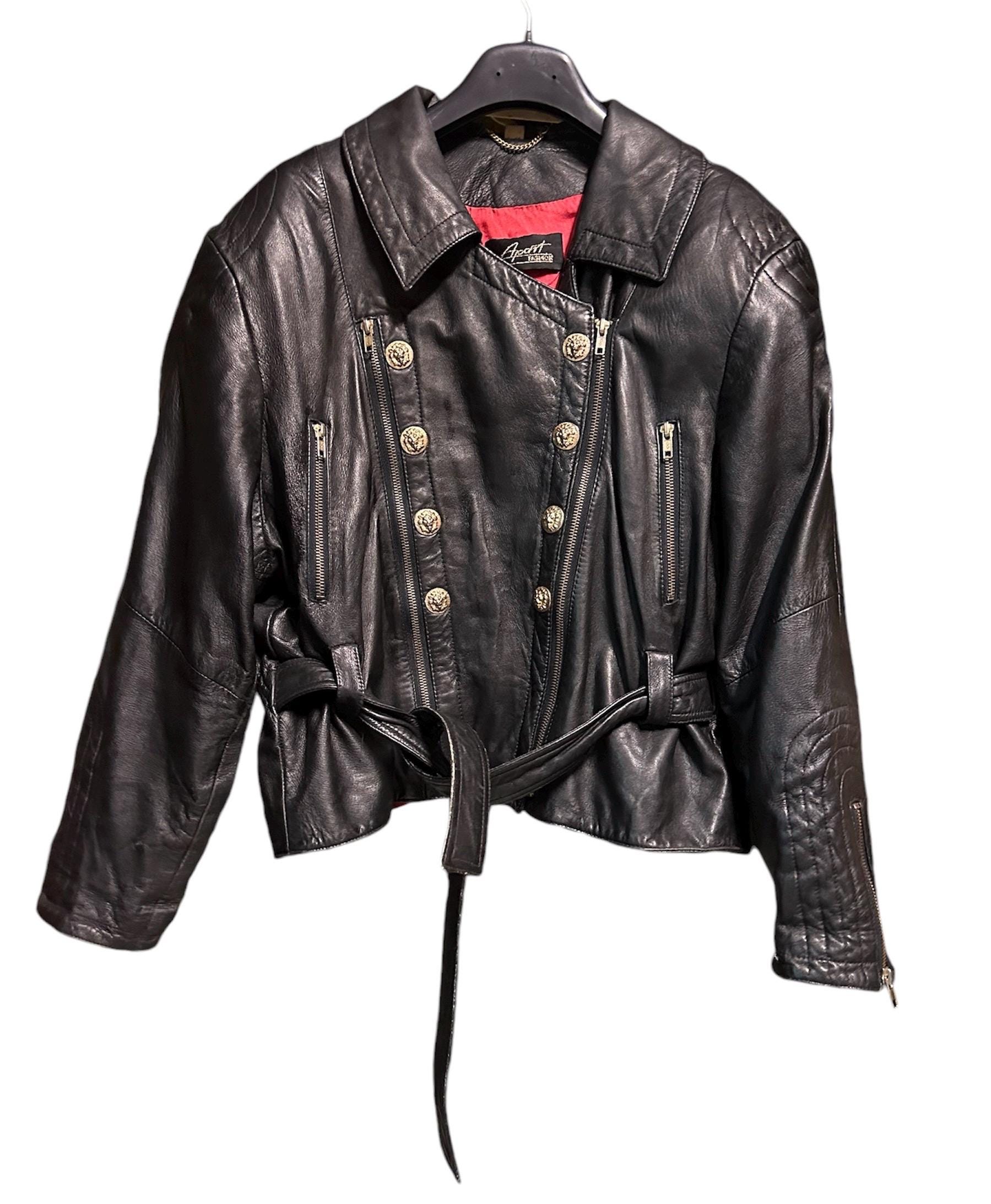 80s vintage leather black red jacket/biker/jacket/belt/golden lion buttons/black leather jacket with red interior 80s/made in Italy