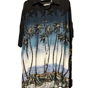 Vintage 90s black and light blue palm tree Batik Bay Aloha Hawaiian shirt / Aloha Wear shirt / Rockabilly shirt / Size L