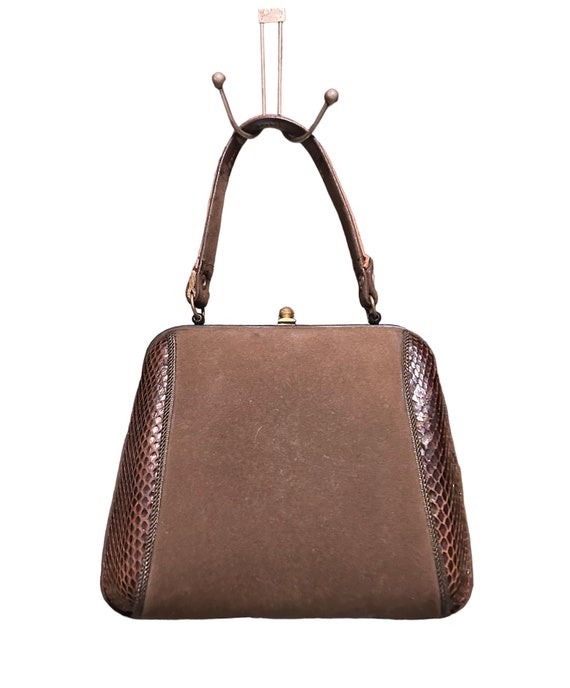 Sac à Main Vintage En Cuir Reptile Marron - Lanière Métal - Très Bon état - Style Rétro