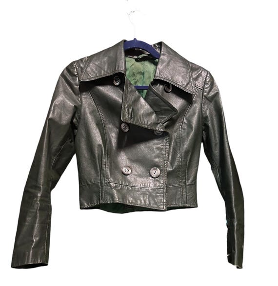 70s Vintage Leather Green Short Double-breasted Jacket /jacket 