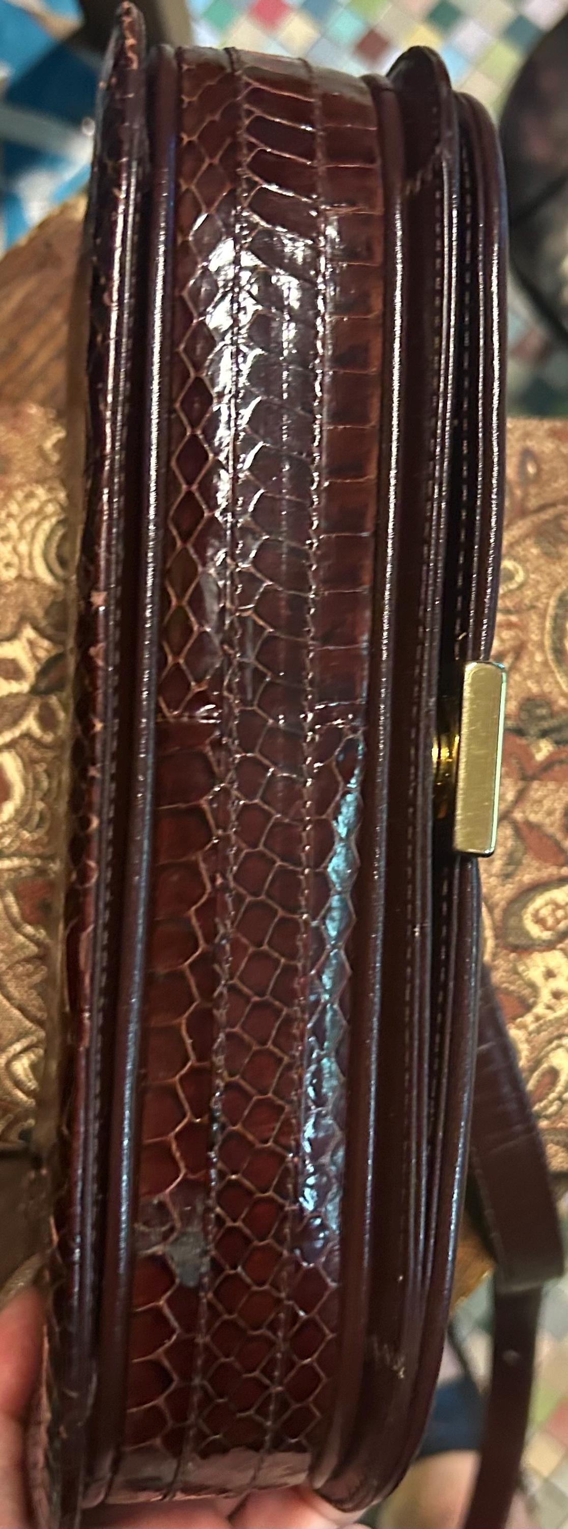 70s Vintage Shoulder Brown Bag Python /black Elegant