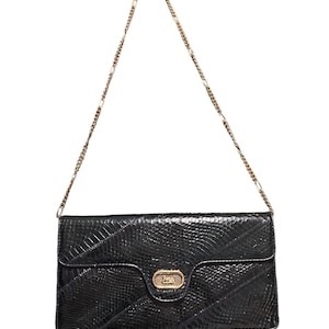 70s Vintage shoulder gold chain Horse bag Python /Black Elegant Crossbag Made in Italy/Python bag/Vintage leather shoulderbag/reptile