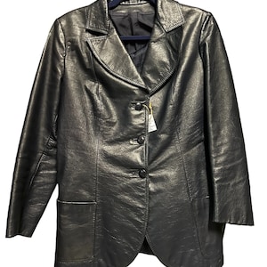 70s three button women&#39;s jacket real black leather vintage jacket black/ Made in Italy