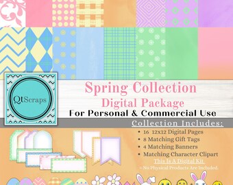 Spring Easter Clipart: Bunny & Chick Graphics, Pastel Papers (Digital Download)