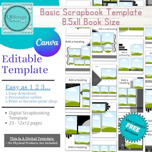 Puede incluir: Una plantilla de álbum de recortes digital para Canva con un esquema de color verde, azul y gris. La plantilla incluye 23 páginas, cada una con un diseño diferente para agregar fotos, texto y otros adornos. La plantilla está diseñada para un libro de 8,5 x 11 pulgadas.