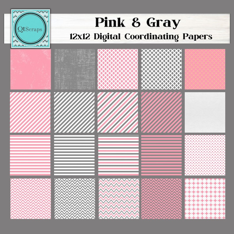 Pink and Gray Digital Paper Pack | 20 Coordinating Printable Designs ...