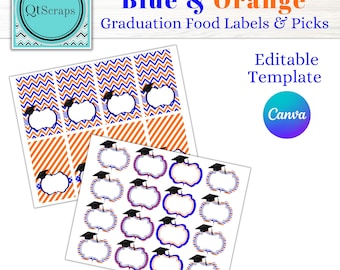 Blue & Orange Graduation School-Color-Themed Food Labels and Picks, , Editable, Printable